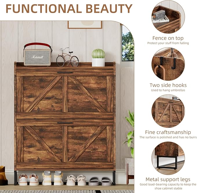 Urban Deco Shoe Storage Cabinet for Entryway, Organizer Shoe Cabinet with 2 Flip Drawers, Elegant 2 Tier Freestanding Shoe Cabinet (Brown)