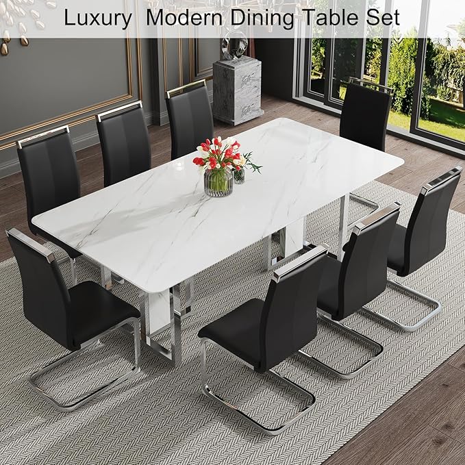 79 Inch Modern Dining Table Set for 8, White Luxury Kitchen Set with 1.8-inch Faux Marble Table Top & 8 PU Leather Upholstered Chairs for Dining and Living Room