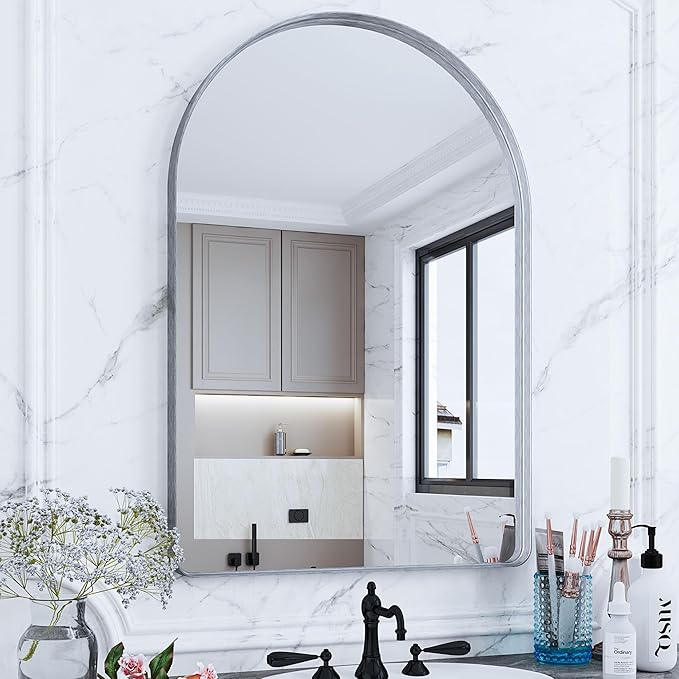 Suidia 26" x 38" Bathroom Mirror, Bathroom Vanity Mirror Metal Framed, Wall-Mounted Mirrors for Bedroom, Living Room, Entryway, Hallway, Silver, Arch Style