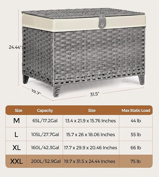 Wicker Storage Basket with Lid,Rattan Shelf Basket with Removable Liner Bag,200L Storage Bin,Storage Trunk with Heightened Feet,Storage Container for Wardrobe,Home Organizer