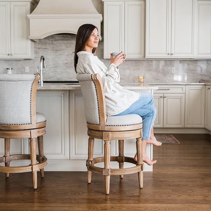 Maven Lane Pullman Counter Stool 26 Inches – Set of 3 – Swivel Stools with Footrest – Light Brown Solid Wood Frame & Natural Fabric Upholstery – Perfect for Kitchen Islands & Counters