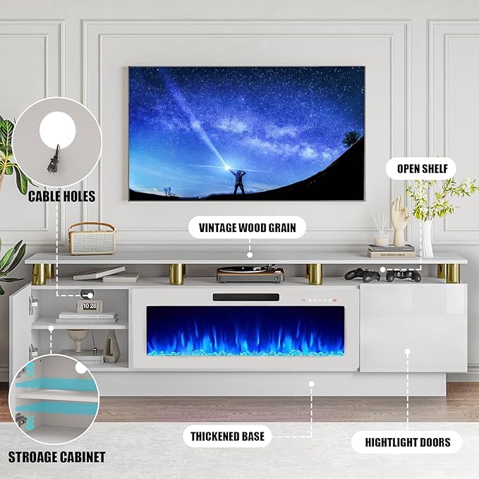 70" Modern Fireplace TV Stand with 36" Electric Fireplace for TVs Up to 80 inch, Luxury LED Light Entertainment Center with High Gloss Cabinet (White + Gold Posts with White Fireplace)