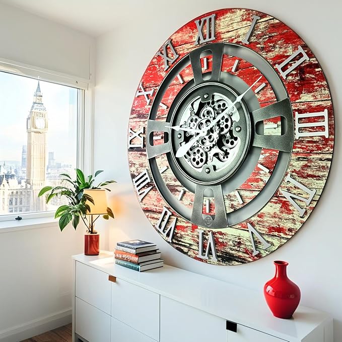 The Gears Clock Real Moving Gear Wall Clock England Line (Red Lava, 36 inches (90 cm))