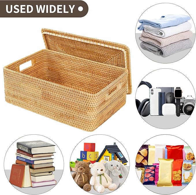 Rattan Basket With Lid,Large Storage Basket Lidded,Rattan Box For Shelf (16.5" L×12.6"W×7"H)