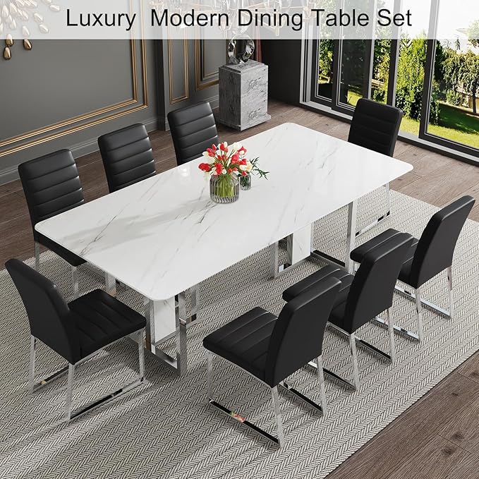 79 Inch Modern Dining Table Set for 8, White Luxury Kitchen Set with 1.8-inch Faux Marble Table Top & 8 PU Leather Upholstered Chairs for Dining and Living Room
