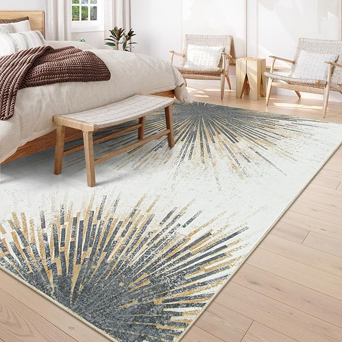 Lahome Modern 10x14 Area Rugs, Washable Ultra-Thin Large Rug for Living Room, Non Slip Throw Carpet for Dining Room, Abstract Print Indoor Soft Neutral Carpet for Bedroom Office (Gold/Gray, 10'x14')
