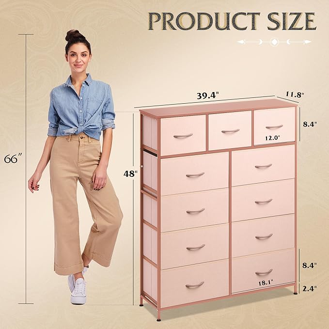 WLIVE Storage Organizer Unit with 11 Fabric Bins, Storage Drawers Organizer with Steel Frame, Tall Storage Tower Organizaton for Living Room, Hallway, Office, Office, Pink