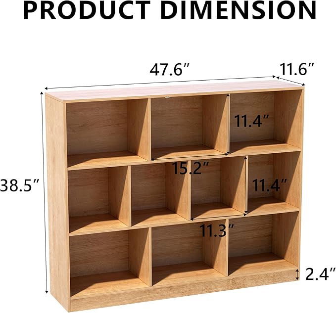 10-Cube Wooden Bookshelf with Base,3-Tier Freestanding Open Storage Organizer,Multi-Functional Bookcase for Living Room,Bedroom,Study and Office (Oak, 10-Cube)