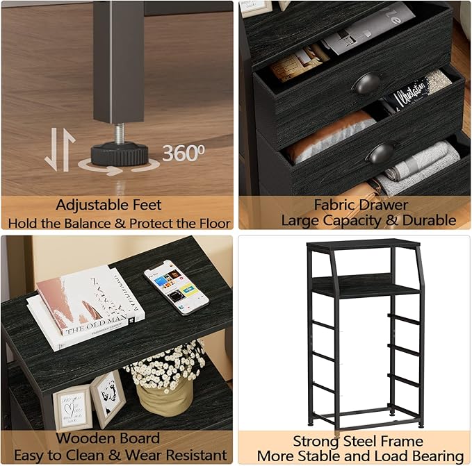 Furnulem Tall 4 Drawers Dresser, Vertical Storage Tower Black Dresser for Bedroom, Hallway, Entryway, Nursery, Closet Organizer, Nightstand Bedside Table Furniture, Sturdy Steel Frame, Wood Top