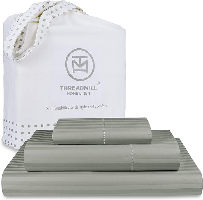 Threadmill 100% Cotton Sheets for Twin Size Bed - 600 Thread Count Twin Bed Sheets Set with 15” Deep Pocket - Damask Stripe Sateen Weave 3-Piece Bedding Set with Cooling Effect, Moonrock Grey