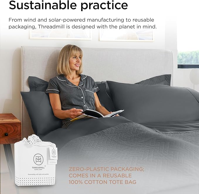 Threadmill 100% Cotton Sheets for Full Size Bed - 600 Thread Count Full Bed Sheets Set with 16” Deep Pocket - Sateen Weave 4-Piece Bedding Set with Cooling Effect, Dark Grey