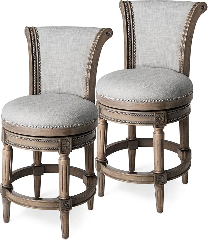 Maven Lane Pullman Counter Stool 26 Inches – Set of 2 – Swivel Stools with Footrest – Grey Solid Wood Frame & Grey Fabric Upholstery – Perfect for Kitchen Islands & Counters