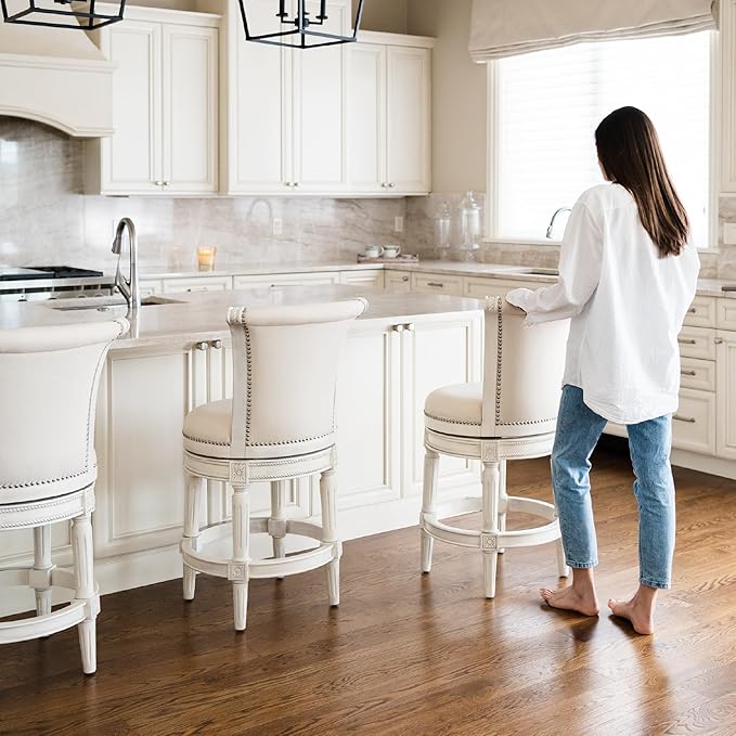 Maven Lane Pullman Counter Stool 26 Inches – Set of 3 – Swivel Stools with Footrest – Cream Solid Wood Frame & Natural Fabric Upholstery – Perfect for Kitchen Islands & Counters