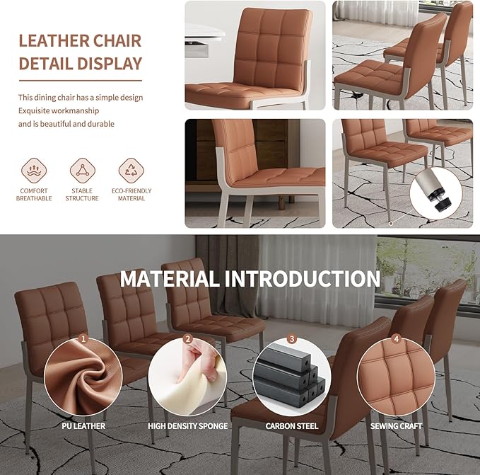 Dining Chairs (Set of 6), PU Leather Modern Armless Kitchen Dining Room Chairs, Upholstered Decorative Side Chairs with Metal Feet (Brown)