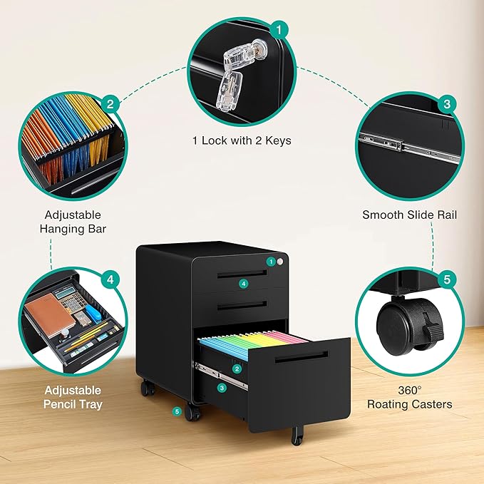 SISESOL 3 Drawer File Cabinet with Lock,Rolling File Cabinets,Under Desk File Cabinet,Three Drawer Filing Cabinet for Home Office with Wheels,Fit A4/Letter/Legal File,Fully Assembled Except Casters