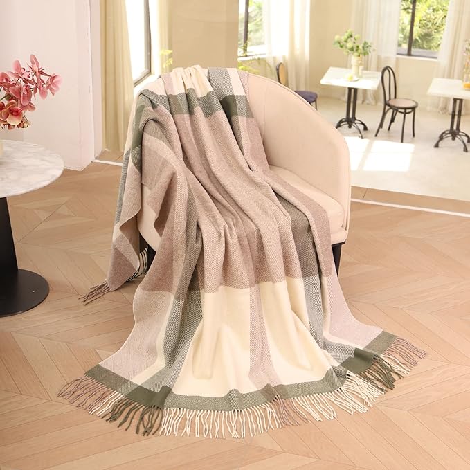 Oversized Cream Check Throw Blanket for Couch,100% Wool Throw Blanket for Home Decor, Soft Lightweight Cozy All Season Decorative Vintage Blankets for Travel,Bed, Sofa, Chair, Outdoor 2LBS
