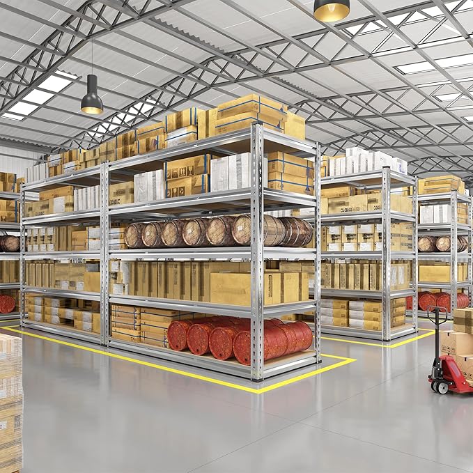 REIBII Garage Shelving, 5 Tier Storage Shelves Load 3000LBS, Adjustable Garage Shelving Heavy Duty, Metal Shelves Unit for Basement, Warehouse, 48" W x 72" H x 18" D, Galvanized