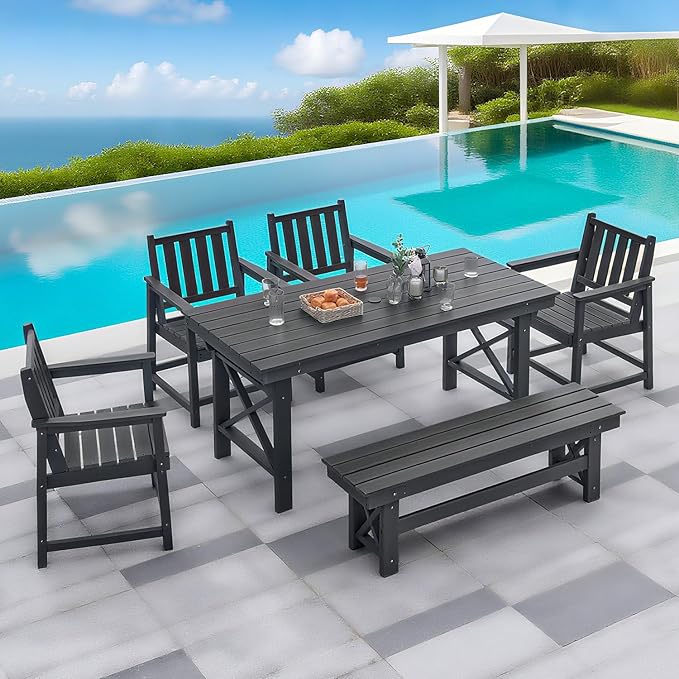 QUASCO Outdoor Dining Set for 6, HDPE Patio Dining Furniture Set with Umbrella Hole Table and 4 Chairs and 1 Bench, All Weather Outdoor Outdoor Dining Bench Sets for Garden, Lawn, Black