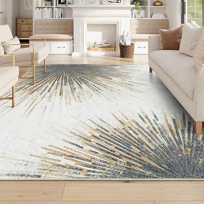 Lahome Modern Washable Area Rugs 8x10 - Ultra-Thin Non-Slip Soft Velvet Abstract Living Room Rug Starburst Floor Rugs, Abstract Print Washable Rug for Dining Room Table Office (Gold/Gray, 8'x10')