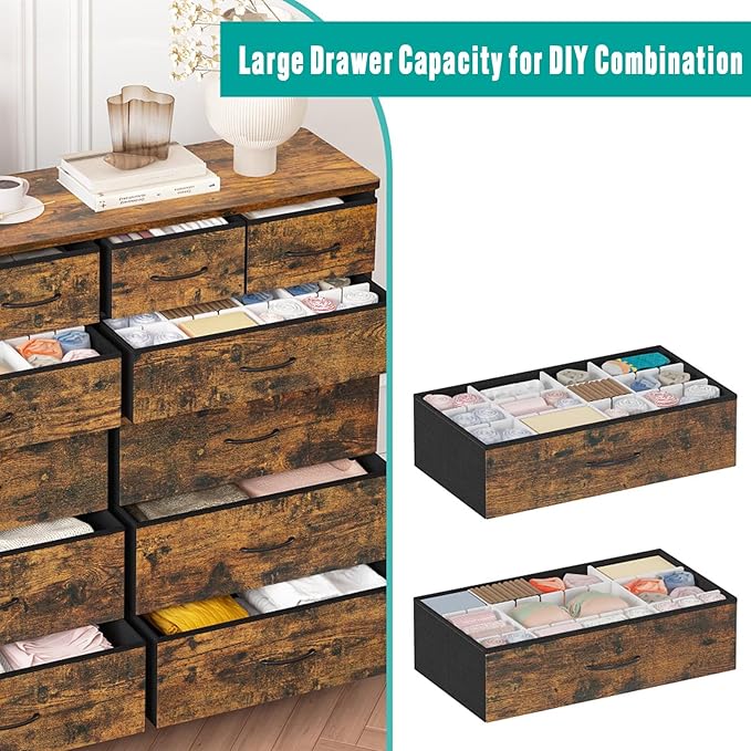 Dresser for Bedroom with 12 Drawers, Tall Fabric Drawer Dresser, Chest of Drawers for Closet, Nursery, Bedside, Living Room, Laundry, Entryway, Hallway(Rustic Brown)