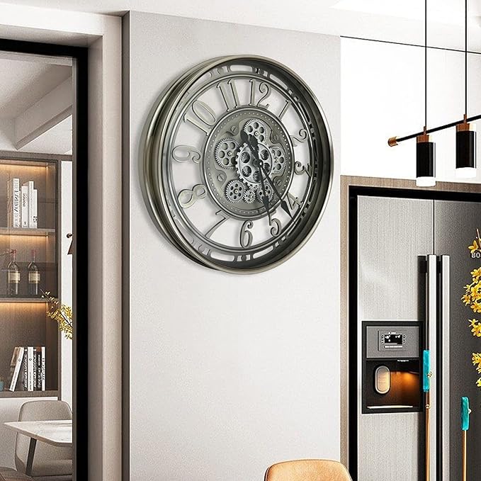 DORBOKER Moving Gears Wall Clock Large Modern Metal Clocks for Living Room Decor, Industrial Steampunk Unique Vintage Rustic Decorative Clock for Home Farmhouse Office, 28 Inch,Gunmetal Arabic