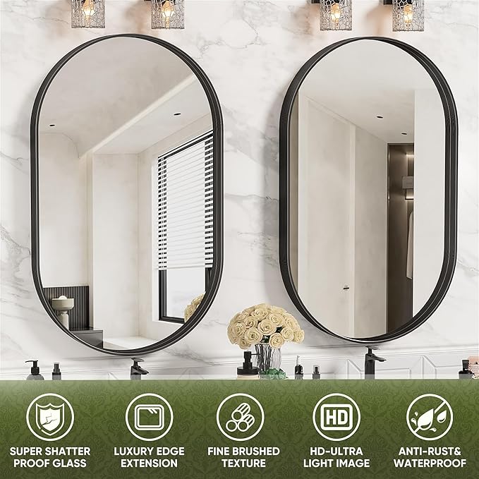 Suidia 26" x 38" Bathroom Mirror, Bathroom Vanity Mirror Metal Framed, Wall-Mounted Mirrors for Bedroom, Living Room, Entryway, Hallway, Black, Oval Style