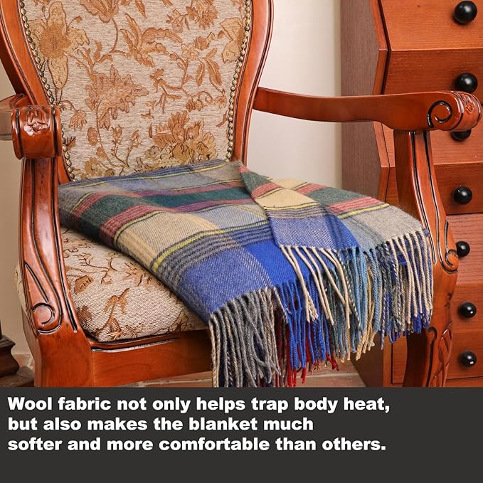 Wool Throw Blanket Plaid Blankets 83" x 55" Tartan Outdoor Camping Couch Sofa Bed Soft Warm Throws for Home Decor,1.5lb