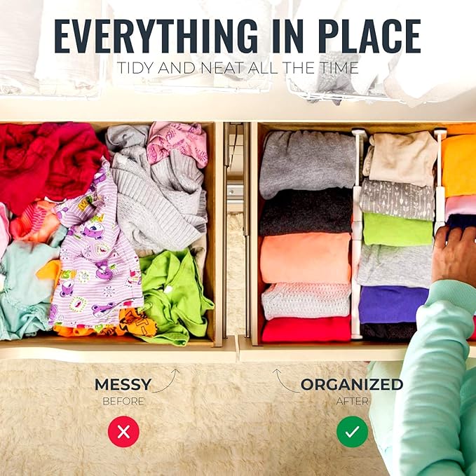 RAPTUROUS Adjustable Deep Drawer Divider – 5" Tall, Expandable 13-22", 10-Pack, Non-Slip Drawer Dividers for Clothes, Dresser, Kitchen & Office Organization (White)