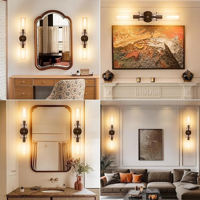 Brass Bronze 2-Light Knurled Wall Sconce, Dual-Head Vanity Lamp with Clear Glass Tube, Bathroom Wall Sconces, Wall Lights for Living Room Bedroom Hallway Kitchen Bathroom Mirror