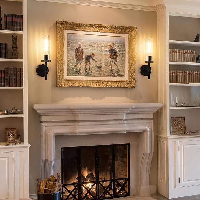 15" Knurled Brass Wall Sconces Set of 2, Black Gold Bathroom Vanity Light Fixtures with Vertical Striped Glass Tube, Modern Lamp Lighting for Bedroom, Living Room, Hallway, Staircase, Mirror, Kitchen