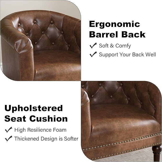 Accent Chair, Upholstered Faux Leather Barrel Chair with Nailed Trim, Comfy Club Armchair for Reading Living Room Bedroom Waiting Room (Rust, Set of 2)