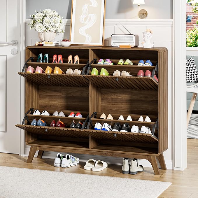 Large Shoe Cabinet for Entryway, Bamboo Narrow Shoe Cabinet Storage with 4 Flip Drawers, Slim Fluted Shoe Rack Organizer for Entry Way, Hallway, Thin, Skinny, Wood, Walnut