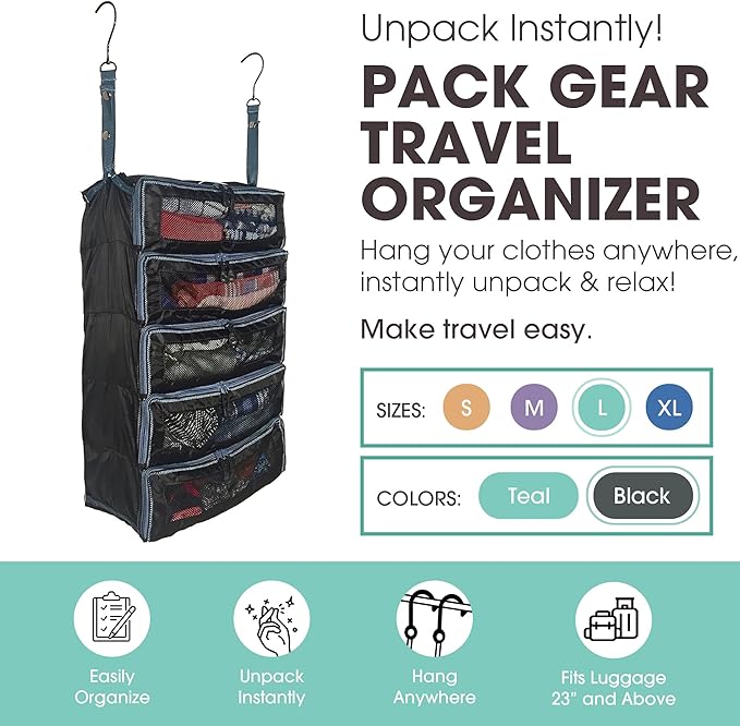 Pack Gear Hanging Suitcase Organizer - Our Large Hanging Luggage Organizer Fits Any Suitcase - Our Packing Cubes For Travel Uses Mesh Windows to Make it Easy to Find your Clothes (Black, L)