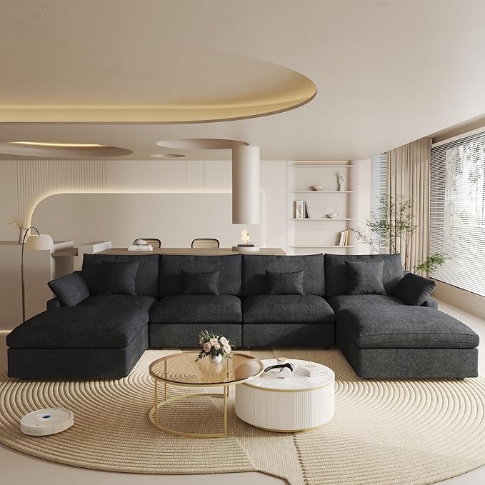 Cloud Couch Modular Sectional Sofa, 156" U Shaped Couch, Oversized Down Filled Convertible Wide Seater with 2 Ottomans for Living Room Set, Covers Washable&Replaceable,Black