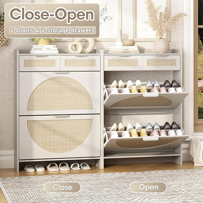 Rattan Shoe Storage Cabinet with 2 Flip Drawers & 2 Drawers, Freestanding Organizer for Front Door Entrance, Hidden Narrow Shoe Rack Cabinet Storage for Entryway, Antique White