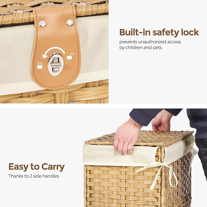 Wicker Storage Basket with Lid,Rattan Shelf Basket with Removable Liner Bag,200L Storage Bin,Storage Trunk with Heightened Feet,Storage Container for Wardrobe,Home Organizer