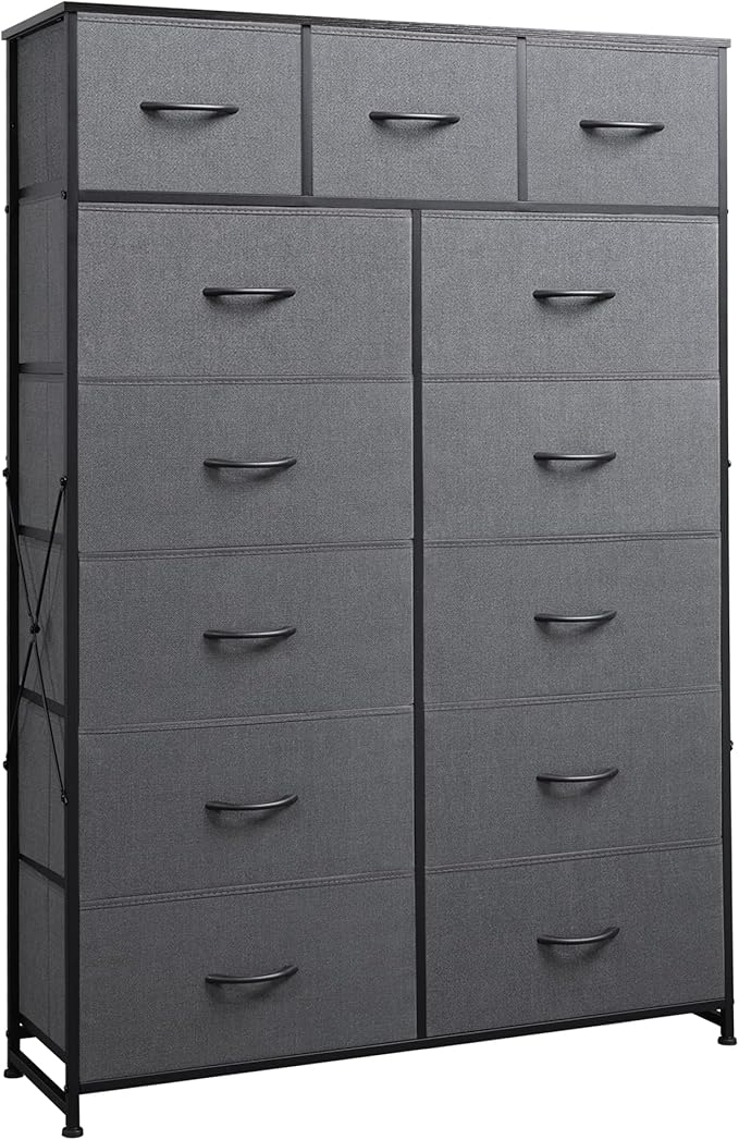 WLIVE Storage Organizer Unit with 13 Fabric Bins, Storage Drawers Organizer with Steel Frame, Tall Storage Tower Organizaton for Living Room, Hallway, Office, Dark Grey