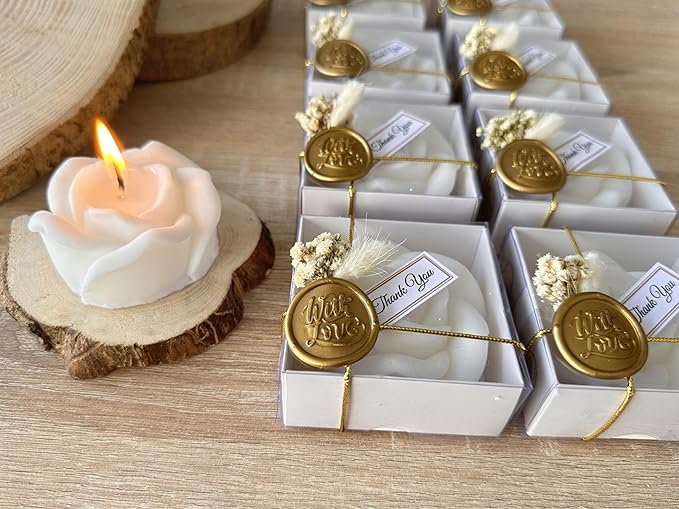 Handcrafted Rose Shaped Scented Soy Wax Candle Favors with Seal Wax and Dried Flowers - Personalized for Weddings, Bridal Showers, Baby Showers, Birthdays (10-20-30-40-50-100 PCS in Bulk)