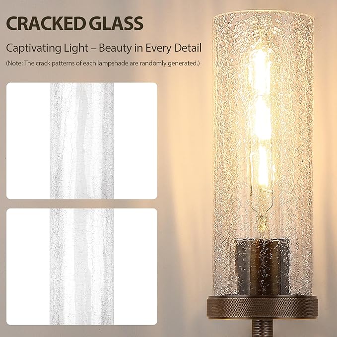 15" Knurled Brass Wall Sconce with Crackle Glass Tube, Bronze Bathroom Vanity Light Fixtures, Modern Lamp Lighting for Bedroom, Living Room, Hallway, Staircase, Mirror, Kitchen