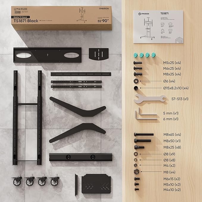 ONKRON Mobile TV Stand on Wheels for 55-90 Inch TVs up to 198 lbs, Height Adjustable TV Portable Stand, VESA 200x200-800x600, Movable TV Cart Rolling TV Stand with Shelf Black