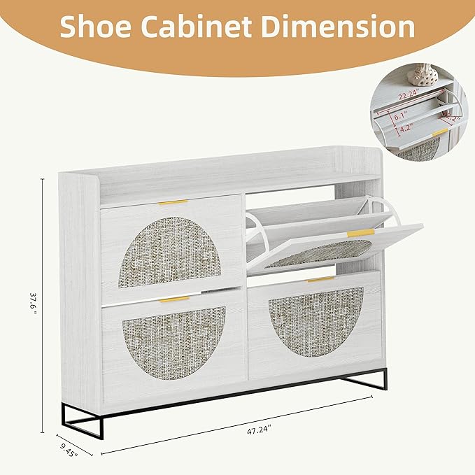 Large Shoe Cabinet Storage for Entryway Hidden Rattan Shoe Cabinet with 4 Flip Drawers Freestanding for Entryway、Hallway Beige