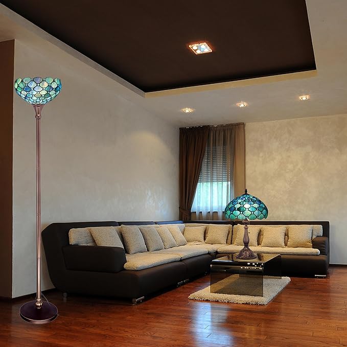 Tiffany Floor Lamp Torchiere Stained Glass Torch Lamp 12X12X67 Inch Antique Standing Corner Light (Sea Blue Pearl)