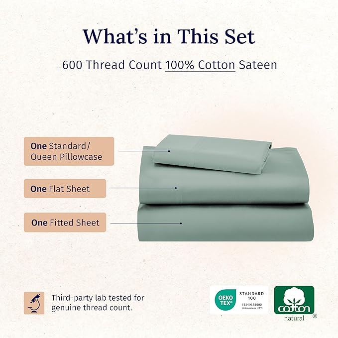 California Design Den Luxury Twin Sheet Set - 100% Cotton, 600 Thread Count Deep Pocket Twin Sheets, Soft Hotel-Quality Bedding with Sateen Weave (Sage Green - Cool Tone)