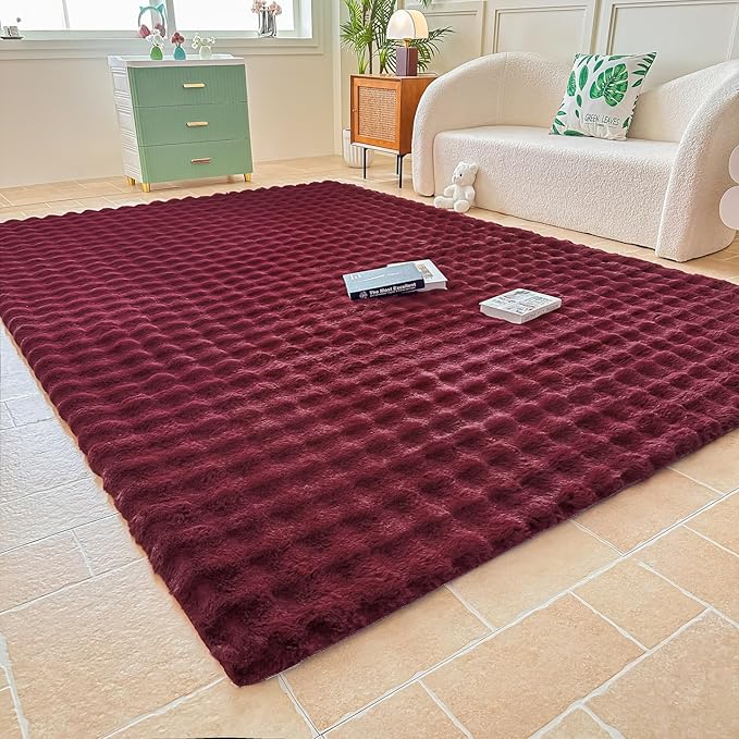 Wine Red Rabbit Plush Area Rug for Bedroom Living Room Sofa,6'X9' Faux Fur Fluffy Shaggy Rectangular Square Rug for Kids Teen Girls Room,Furry Carpet Rug for Nursery Baby Room Decor for Teenage
