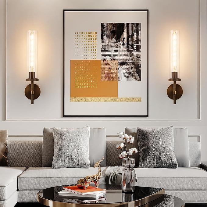 19.5" Knurled Brass Wall Sconces Set of 2, Bronze Bathroom Vanity Light Fixtures with Clear Glass Tube, Modern Lamp Lighting for Bedroom, Living Room, Hallway, Staircase, Mirror, Kitchen