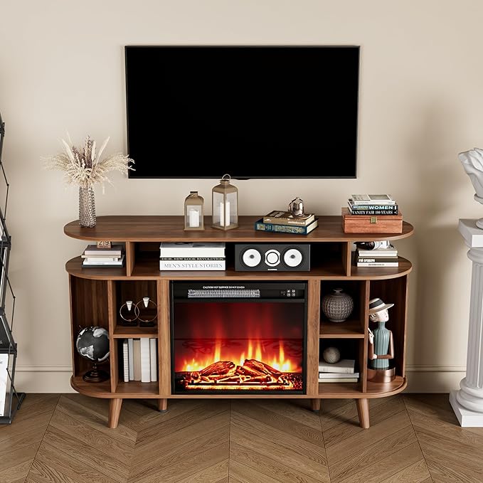 Fireplace TV Stand for TVs Up to 65 Inch, Modern Fireplace Entertainment Center with Sliding Doors and Adjustable Shelves, Media Console Table for Living Room Bedroom, Walnut (Fireplace tv Stand)