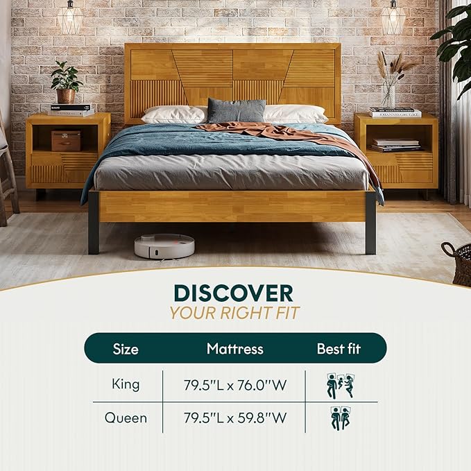 Bme Trapeze Queen Bed Frame – Modern Solid Wood Bed with Smooth Pattern Headboard, Black Metal Legs, Teak Brown Finish – Durable Queen Size Platform Bed for Contemporary Bedrooms