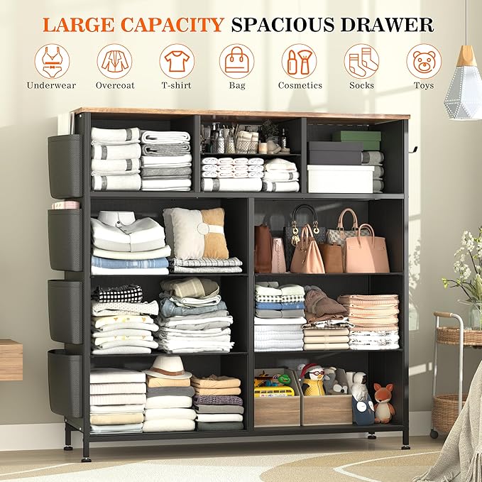 Lulive Dresser for Bedroom with 10 Drawers, Chest of Drawers with Side Pockets and Hooks, Fabric Storage Organizer Unit for Living Room, Hallway, Closet (Rustic Brown)