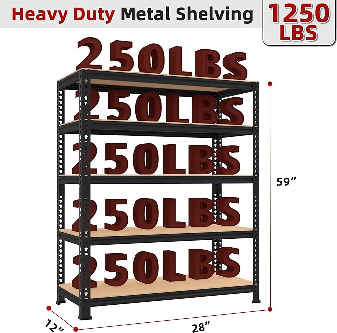 5-Shelf Heavy Duty Shelving - Adjustable Garage Storage Shelves, Metal Utility Storage Racks for Warehouse Pantry Basement Kitchen, Garage Organizers Shelf Unit, Black