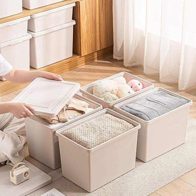 LightGray Storage Bins with lids,Stackable Plastic Boxes Set of 4,Storage busket with handle for Organizing Snacks, Crafts,Crafts, Tools,books (LightGray, 4XL)